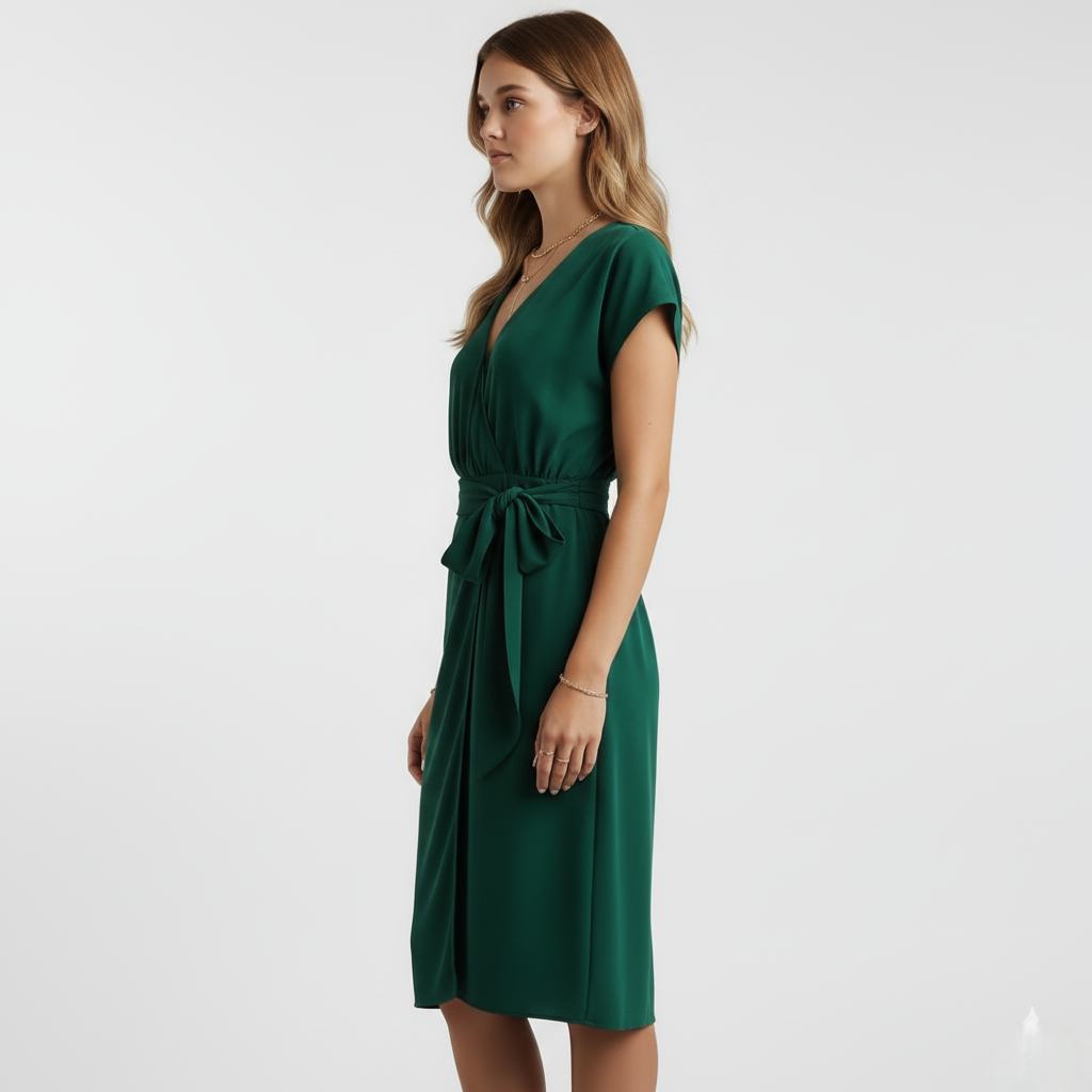 Kjole med v-hals og knytedetalj i midjen