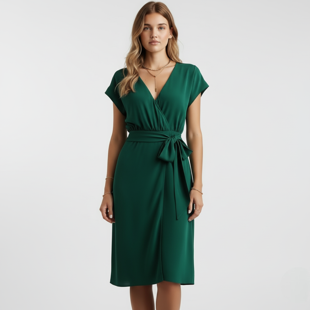 Kjole med v-hals og knytedetalj i midjen