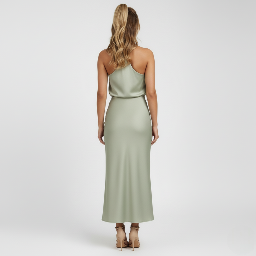 Lang kjole med drapert utringning