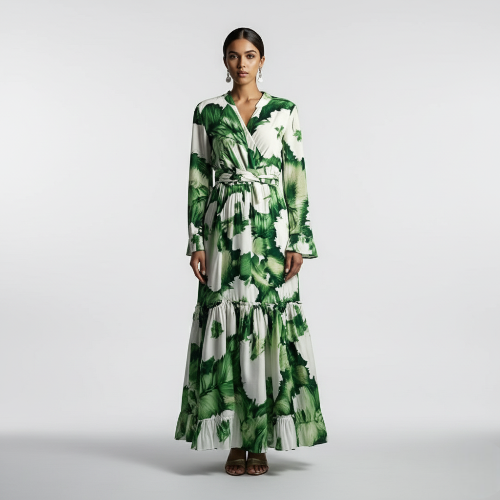 Lang kjole med knappelukking og snøring i midjen