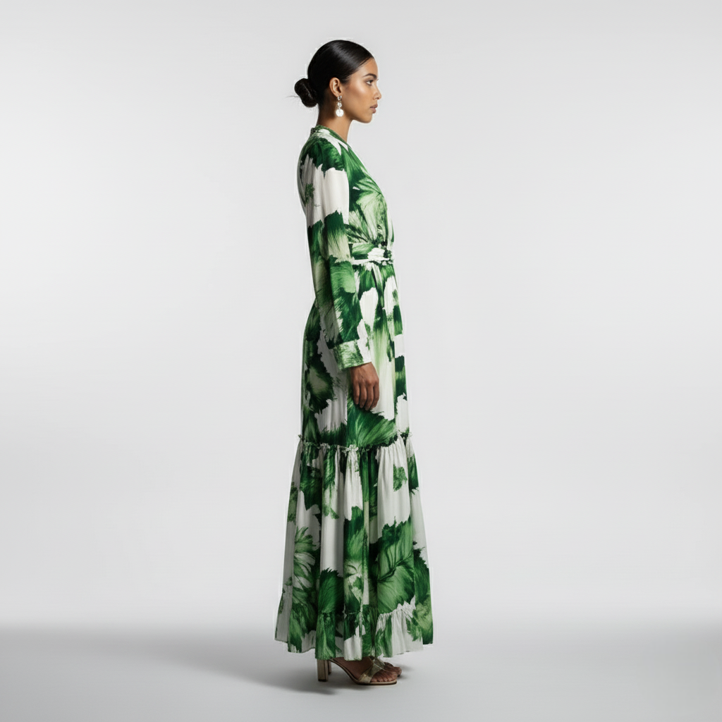 Lang kjole med knappelukking og snøring i midjen