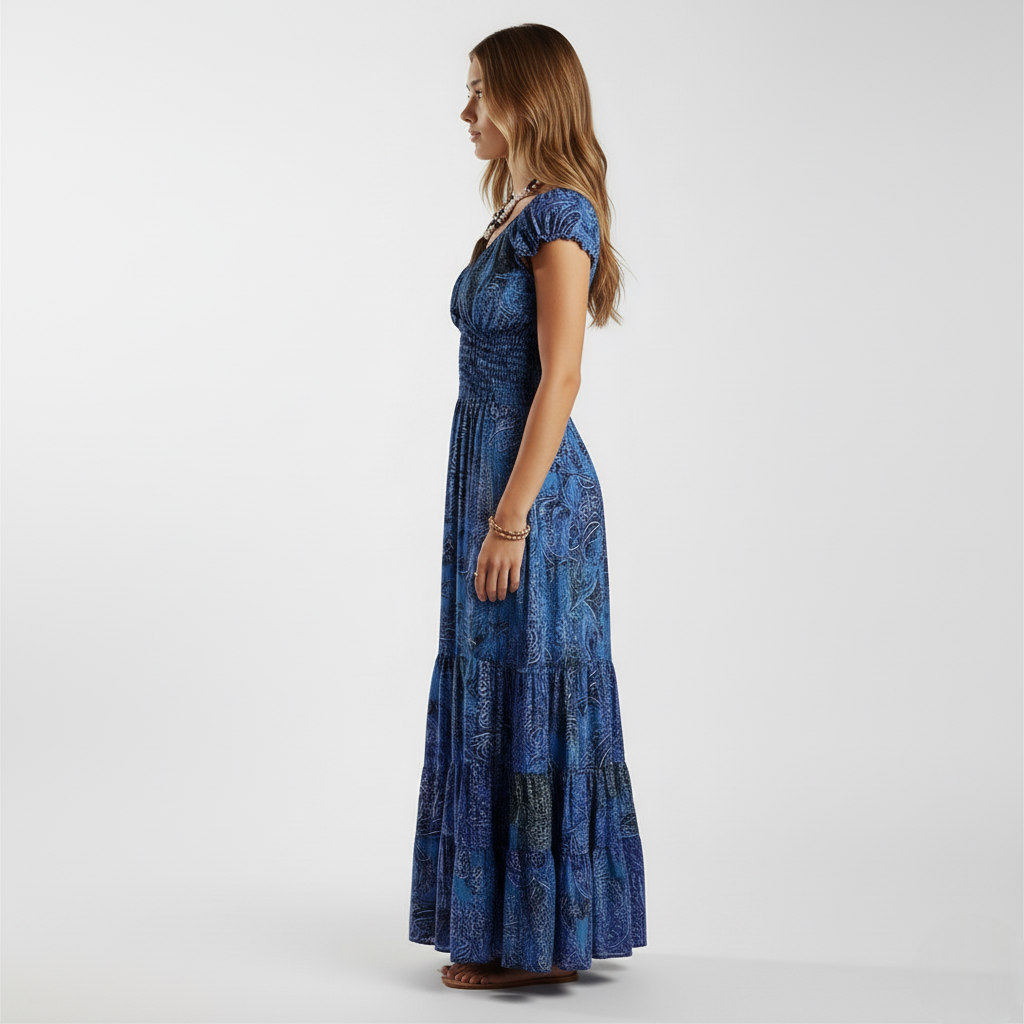 Lang kjole med v-hals og markert midje