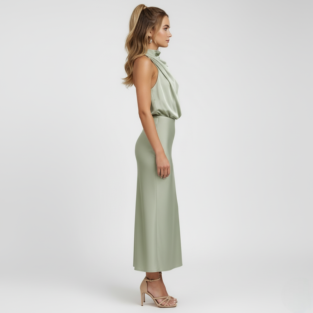 Lang kjole med drapert utringning