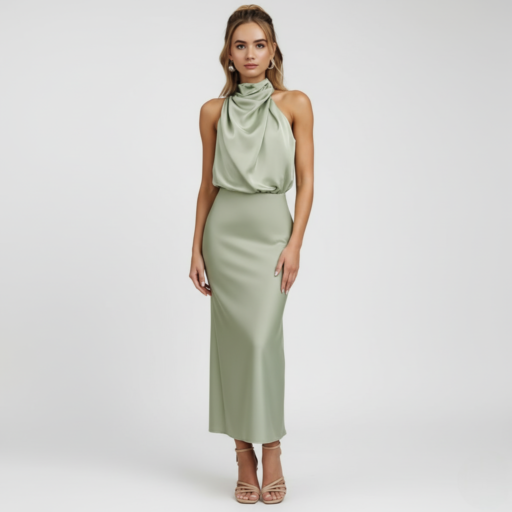 Lang kjole med drapert utringning